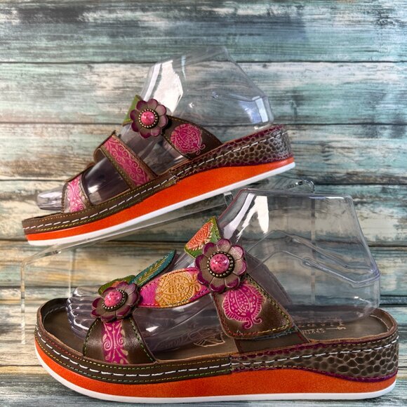 Spring Step L'Artiste Pillow Slide Sandals Womens Size 7.5-8 Gray Leather Floral - Picture 3 of 11